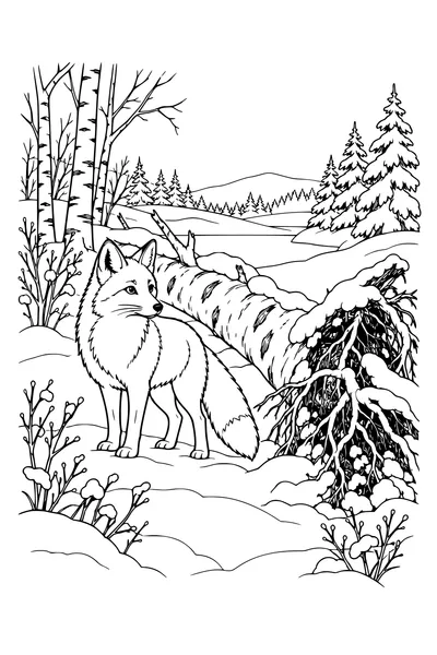 Ausmalbild: Fuchs am verschneiten Birkenstamm.