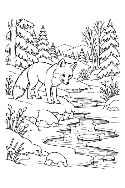 Kleurplaat: Vos bij een winterbeek.
