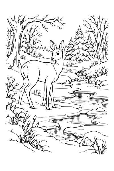 Coloriage : Chevreuil près d’un ruisseau hivernal.