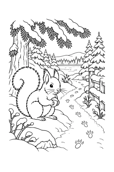 Coloriage : Écureuil sur un sentier enneigé.