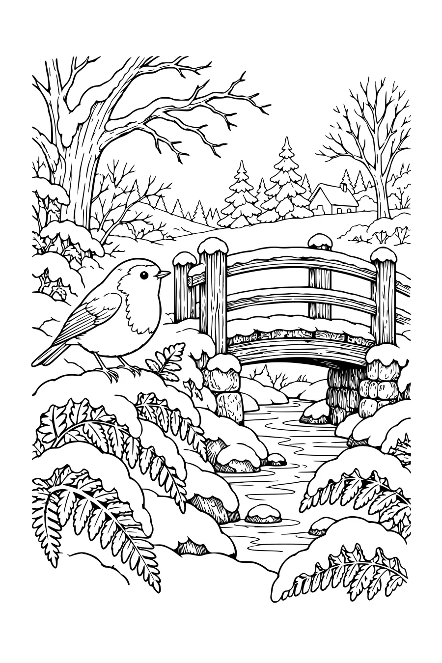 Ausmalbild: Rotkehlchen bei einer Holzbrücke.