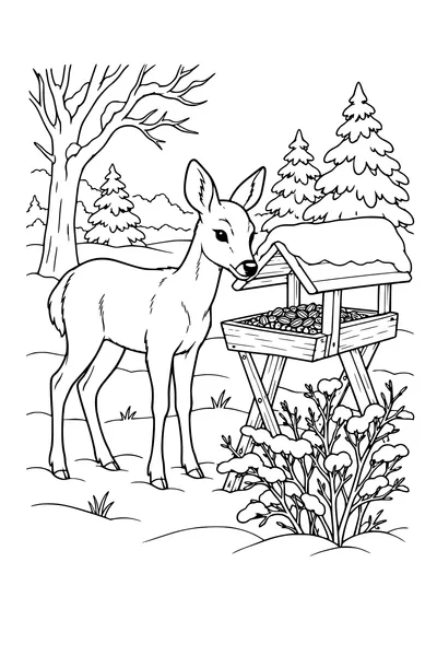 Coloriage : Chevreuil près d’une mangeoire.