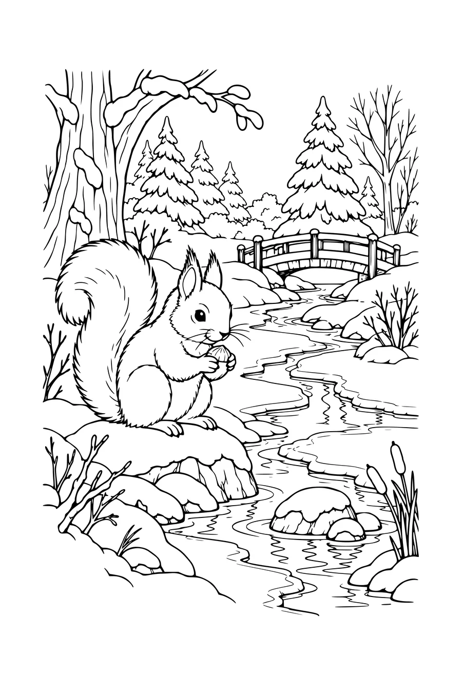 Ausmalbild: Eichhörnchen am winterlichen Bach.