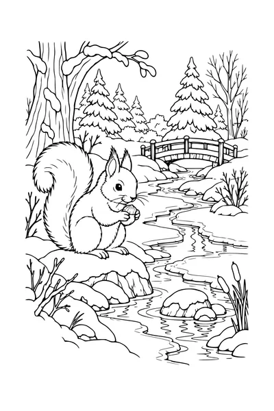 Coloriage : Écureuil près d’un ruisseau hivernal.