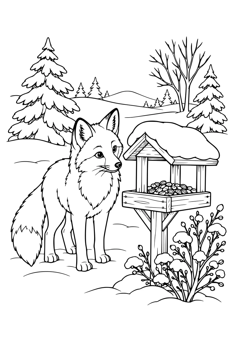 Ausmalbild: Fuchs am Futterhäuschen.