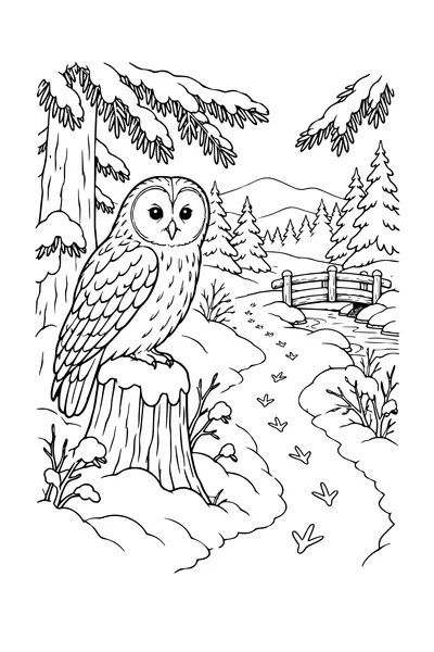 Coloriage : Chouette hulotte sur un sentier enneigé.