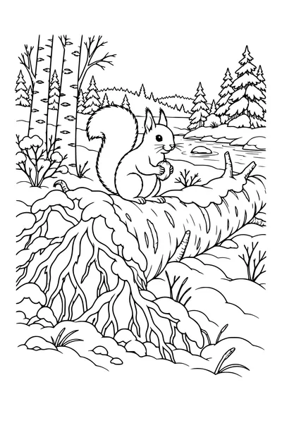 Coloriage : Écureuil près d’un tronc de bouleau enneigé.
