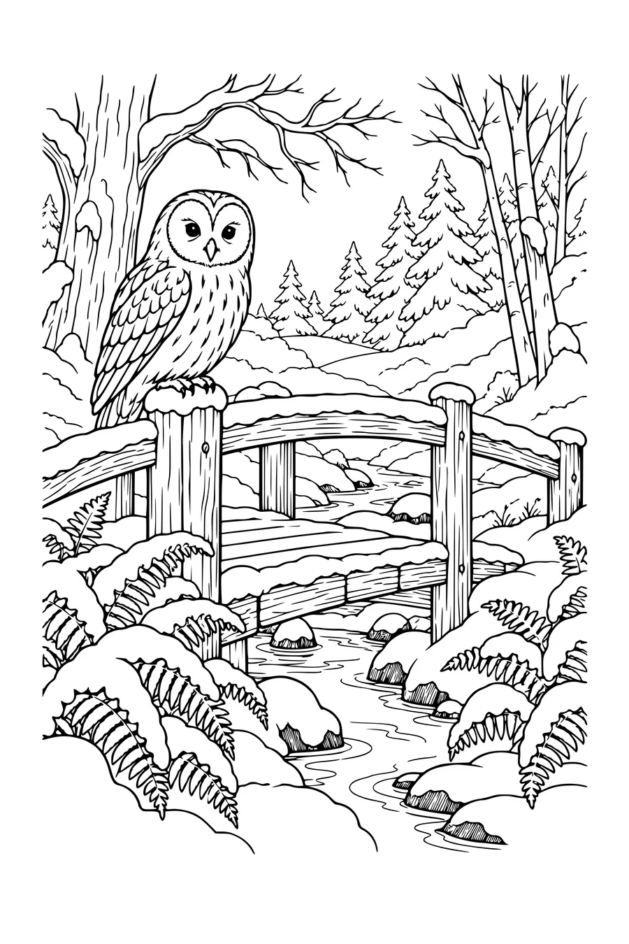 Coloring page: Tawny owl beside a wooden bridge.
