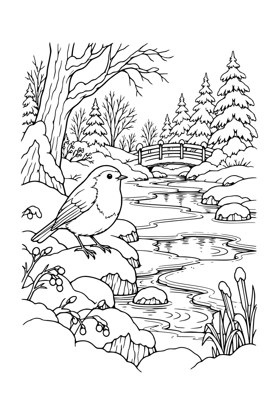 Coloring page: Robin beside a winter stream.