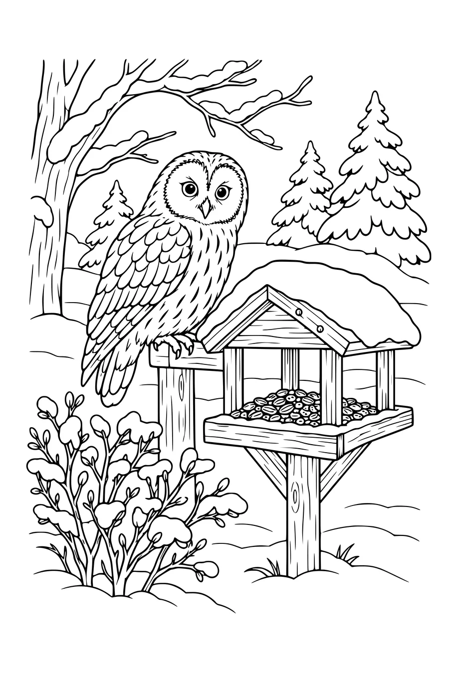 Coloriage : Chouette hulotte près d’une mangeoire.