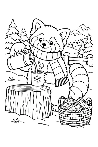 Coloriage : Panda roux verse une boisson chaude.