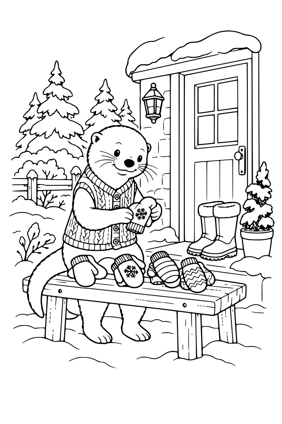 Coloriage : Loutre trie des moufles.