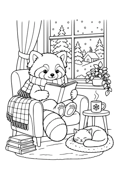 Coloriage : Panda roux lit près d’une fenêtre en hiver.
