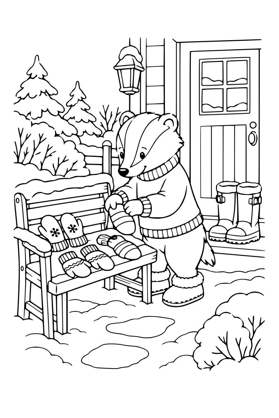 Ausmalbild: Dachs sortiert Winterfäustlinge.