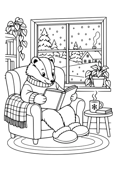 Coloriage : Blaireau lit près d’une fenêtre en hiver.