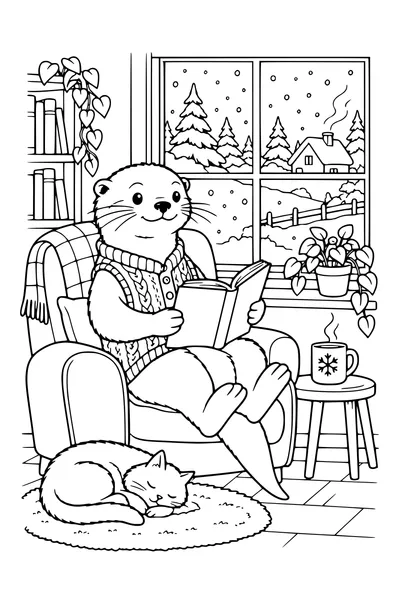 Coloriage : Loutre lit près d’une fenêtre en hiver.