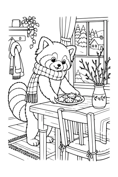 Coloriage : Panda roux sert des biscuits.