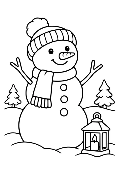 Coloriage : Bonhomme de neige souriant près d’une lanterne de neige.