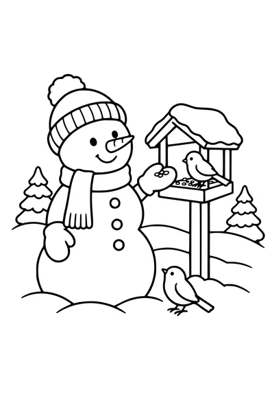 Coloriage : Bonhomme de neige avec bonnet près d’une mangeoire.