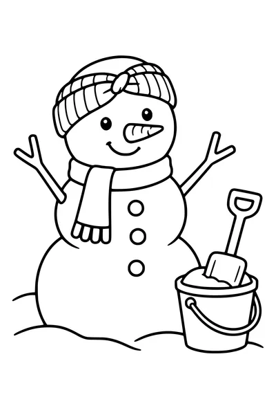 Coloriage : Bonhomme de neige souriant avec un seau et une pelle.