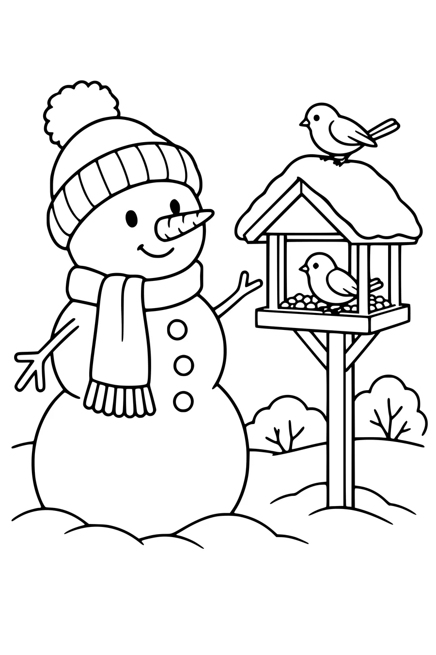 Ausmalbild: Schneemann mit Bommelmütze am Vogelhäuschen.