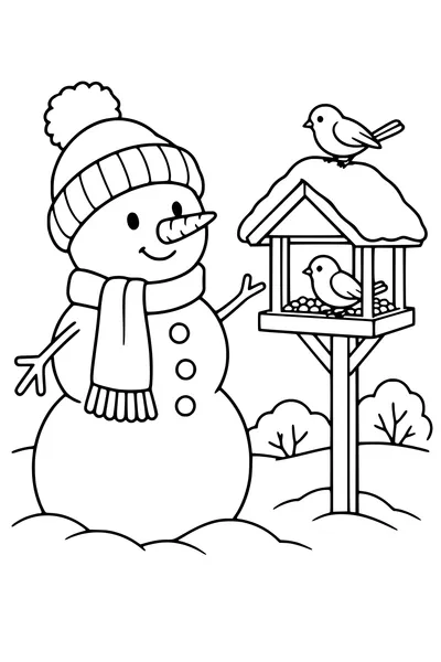 Coloriage : Bonhomme de neige au bonnet à pompon près d’une mangeoire.