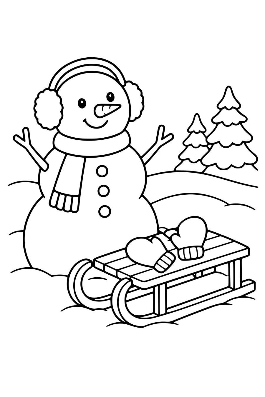 Coloriage : Bonhomme de neige avec cache-oreilles avec une luge et des moufles.