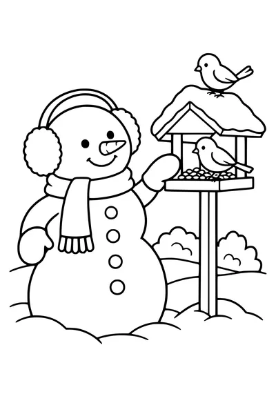 Coloriage : Bonhomme de neige avec cache-oreilles près d’une mangeoire.