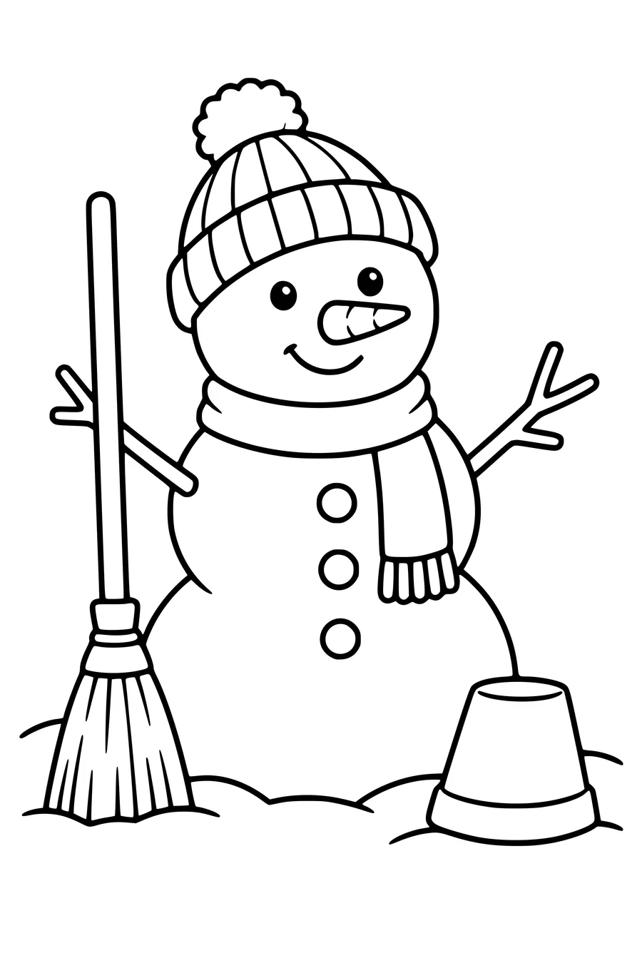 Coloring page: Snowman in a hat with a broom and flowerpot.