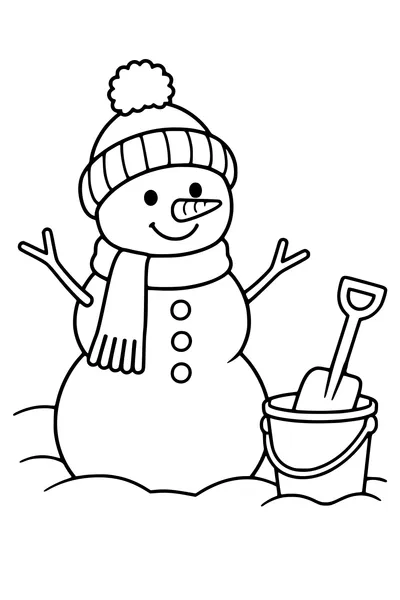 Coloriage : Bonhomme de neige avec bonnet avec un seau et une pelle.