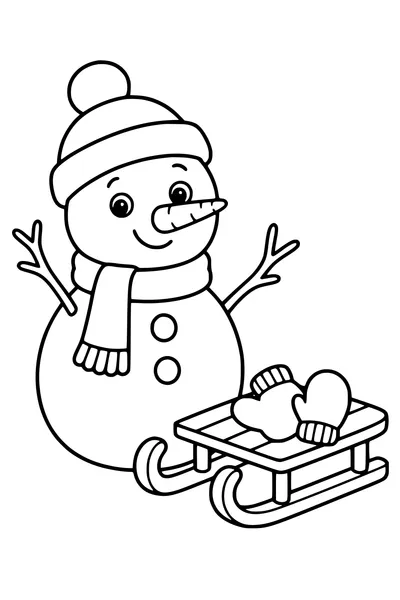 Coloriage : Bonhomme de neige avec bonnet avec une luge et des moufles.