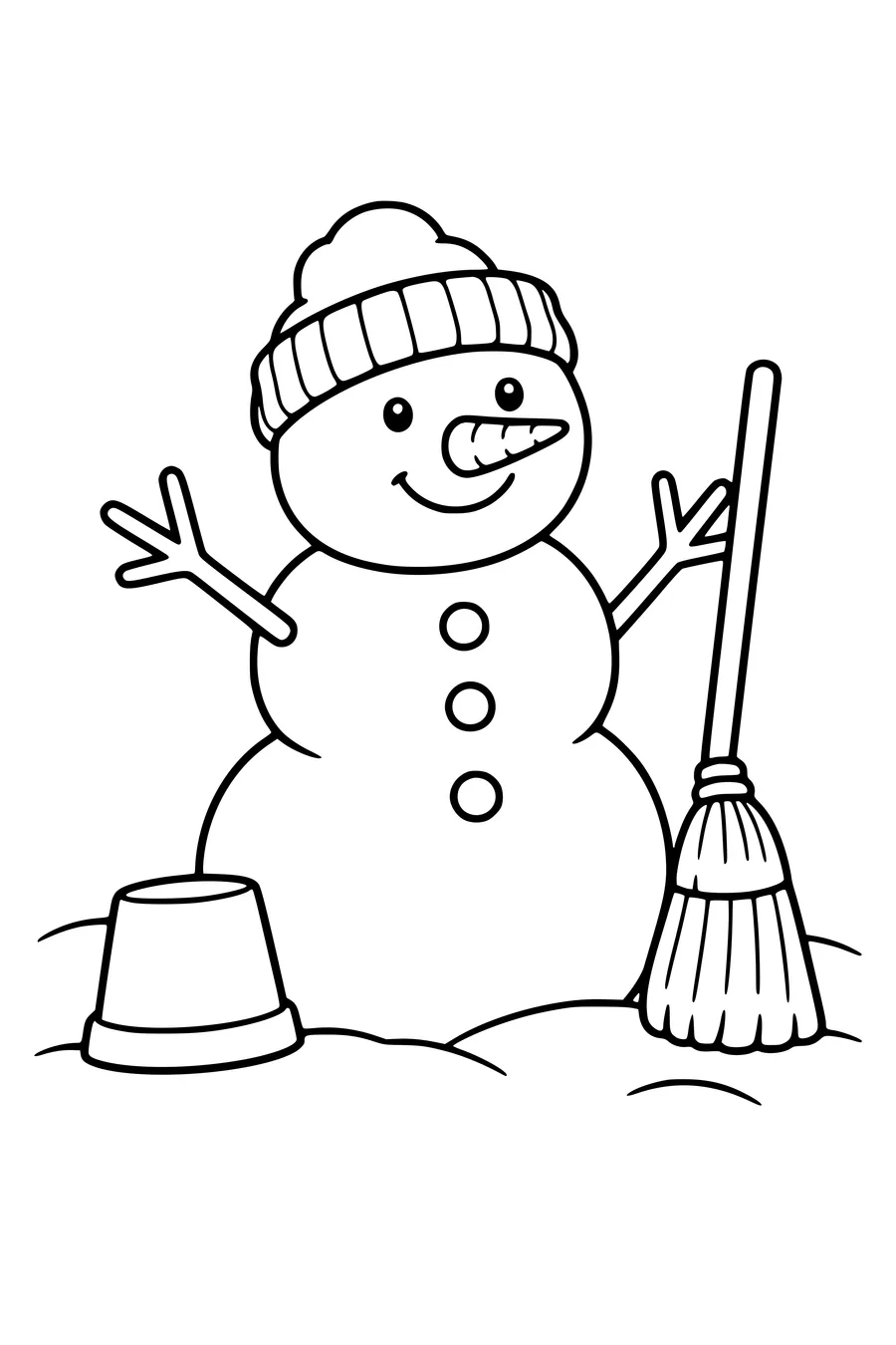 Coloring page: Cheerful snowman with a broom and flowerpot.