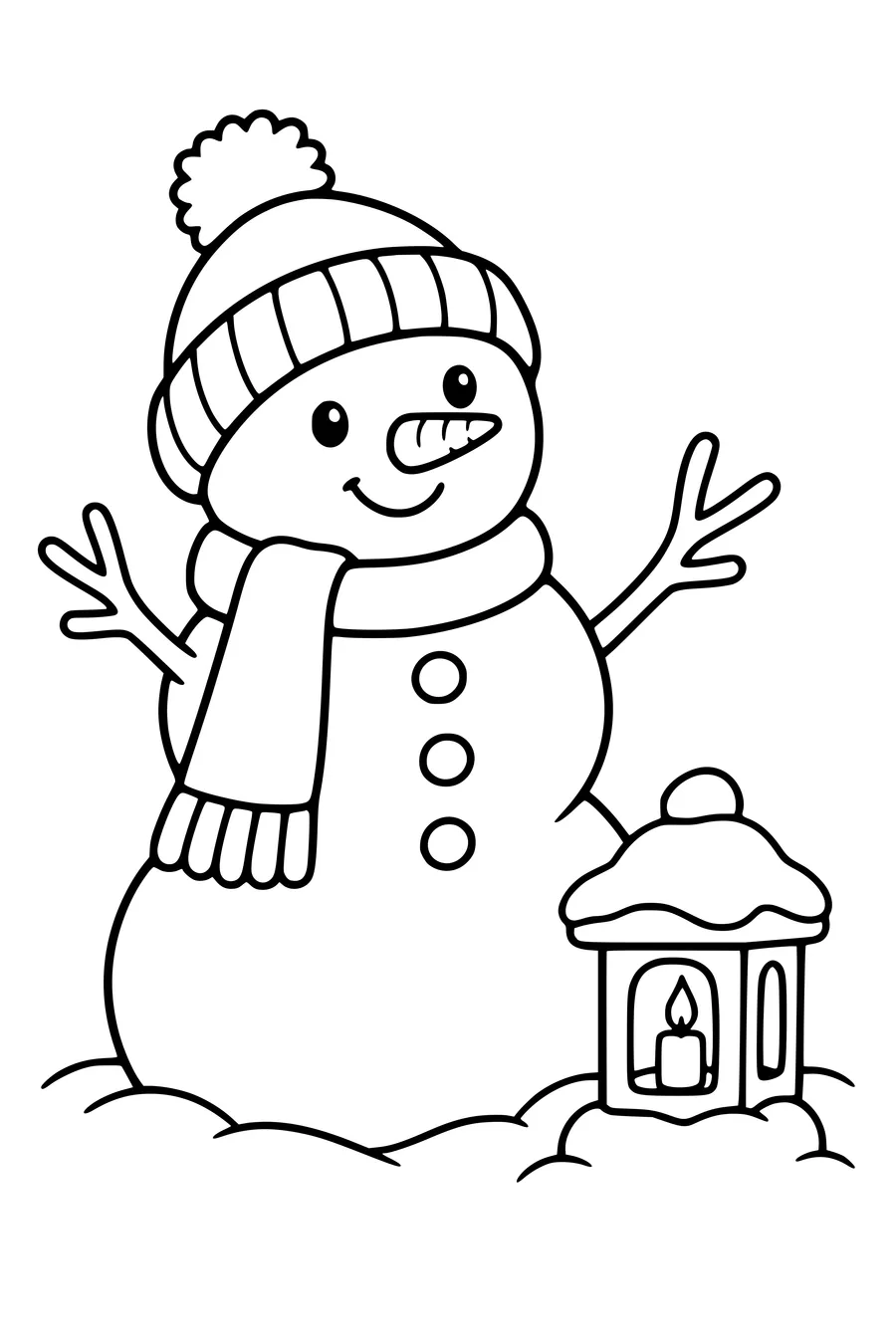 Coloring page: Snowman in a hat beside a snow lantern.