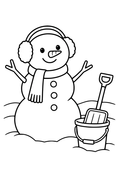 Coloriage : Bonhomme de neige avec cache-oreilles avec un seau et une pelle.