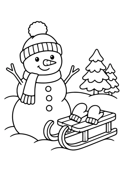 Coloriage : Bonhomme de neige au bonnet à pompon avec une luge et des moufles.