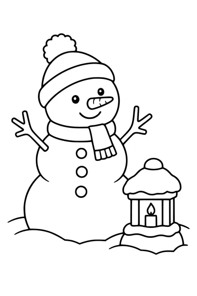 Coloriage : Bonhomme de neige avec écharpe près d’une lanterne de neige.