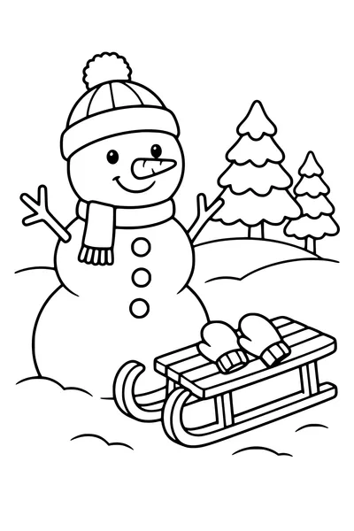 Coloriage : Bonhomme de neige avec écharpe avec une luge et des moufles.
