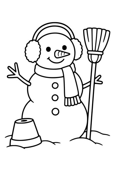 Coloriage : Bonhomme de neige avec cache-oreilles avec un balai et un pot.