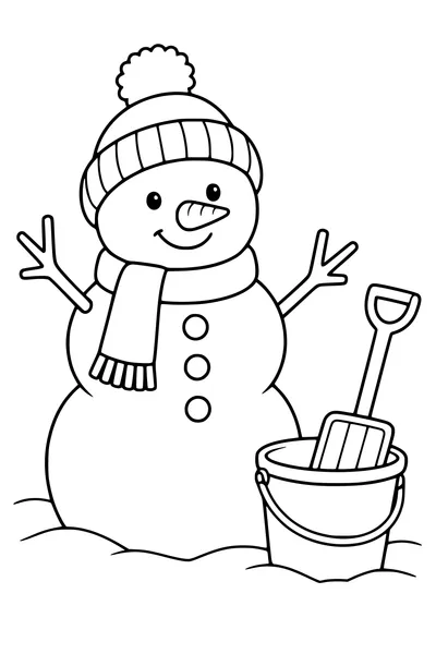 Coloriage : Bonhomme de neige au bonnet à pompon avec un seau et une pelle.