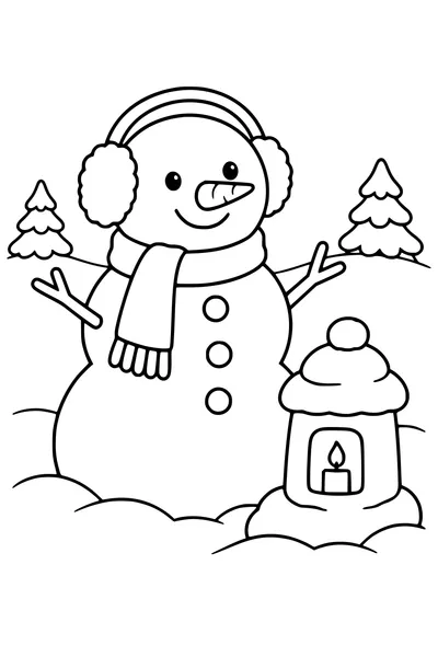 Coloriage : Bonhomme de neige avec cache-oreilles près d’une lanterne de neige.