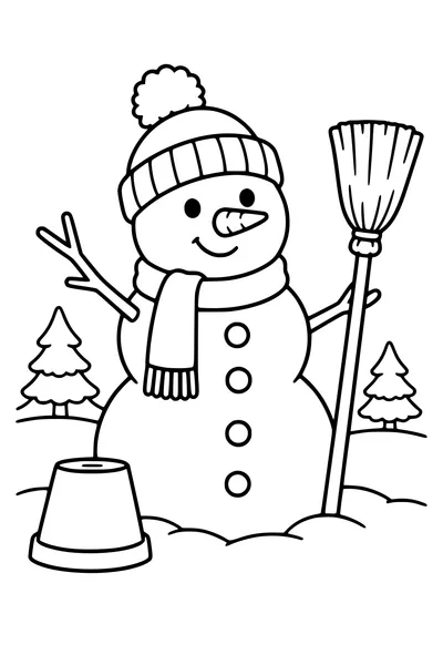 Coloriage : Bonhomme de neige au bonnet à pompon avec un balai et un pot.