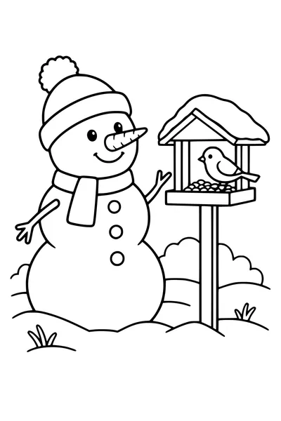 Coloriage : Bonhomme de neige avec écharpe près d’une mangeoire.