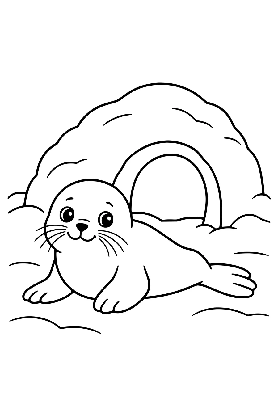 Coloring page: Baby seal beside a snow den.
