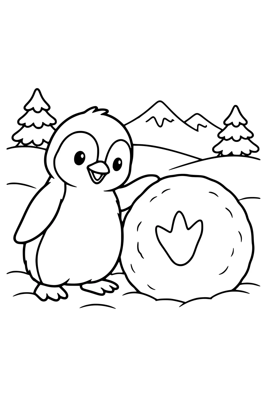 Kleurplaat: Pinguïnkuiken bij een grote sneeuwbal.