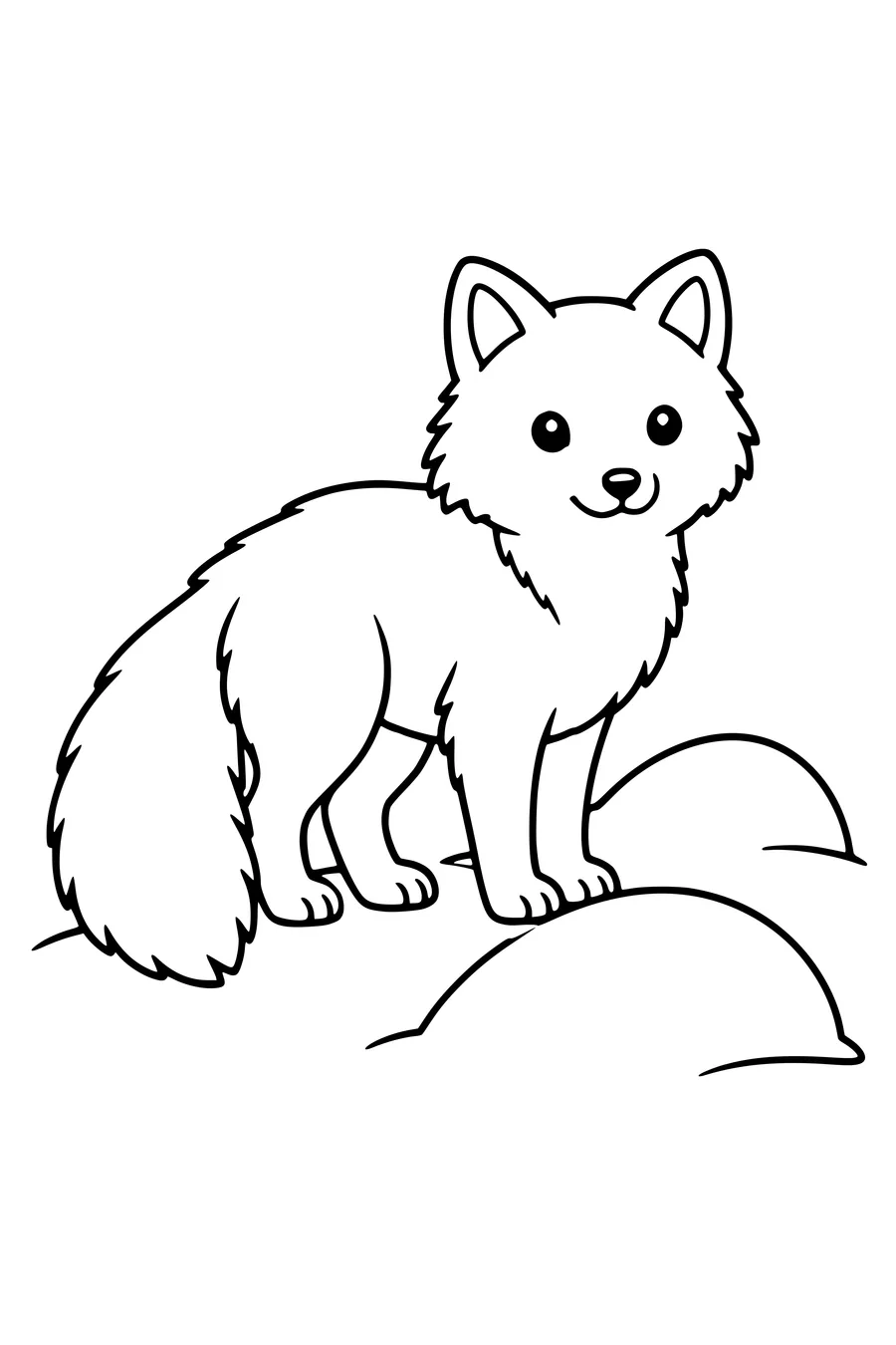 Ausmalbild: Polarfuchs zwischen Schneehügeln.