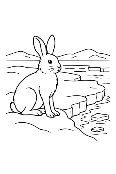 Coloriage : Lièvre arctique sur une plaque de glace.