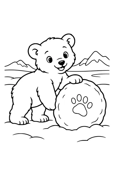 Coloriage : Ourson polaire près d’une grosse boule de neige.