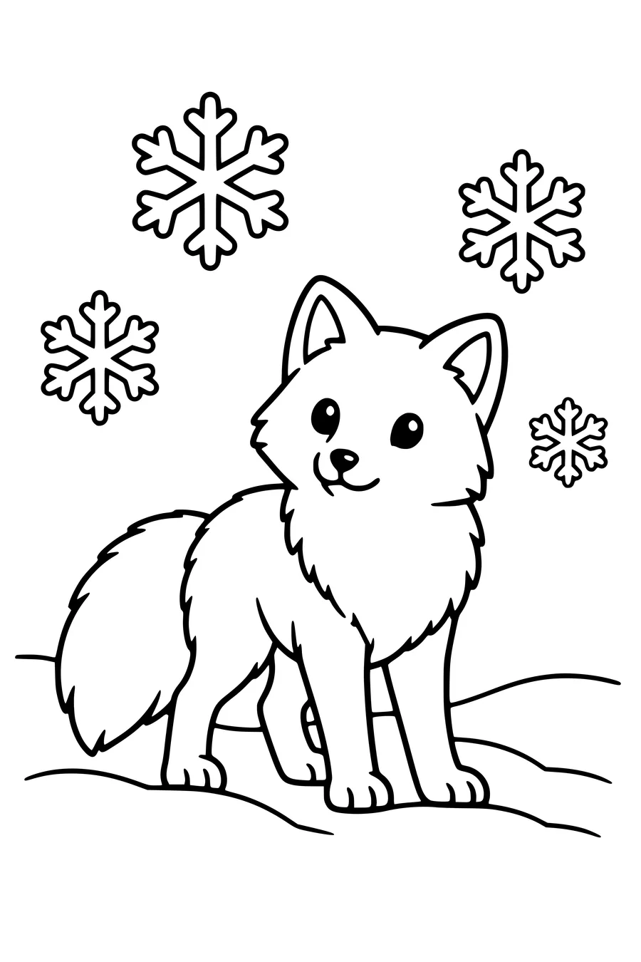 Ausmalbild: Polarfuchs unter Schneeflocken.