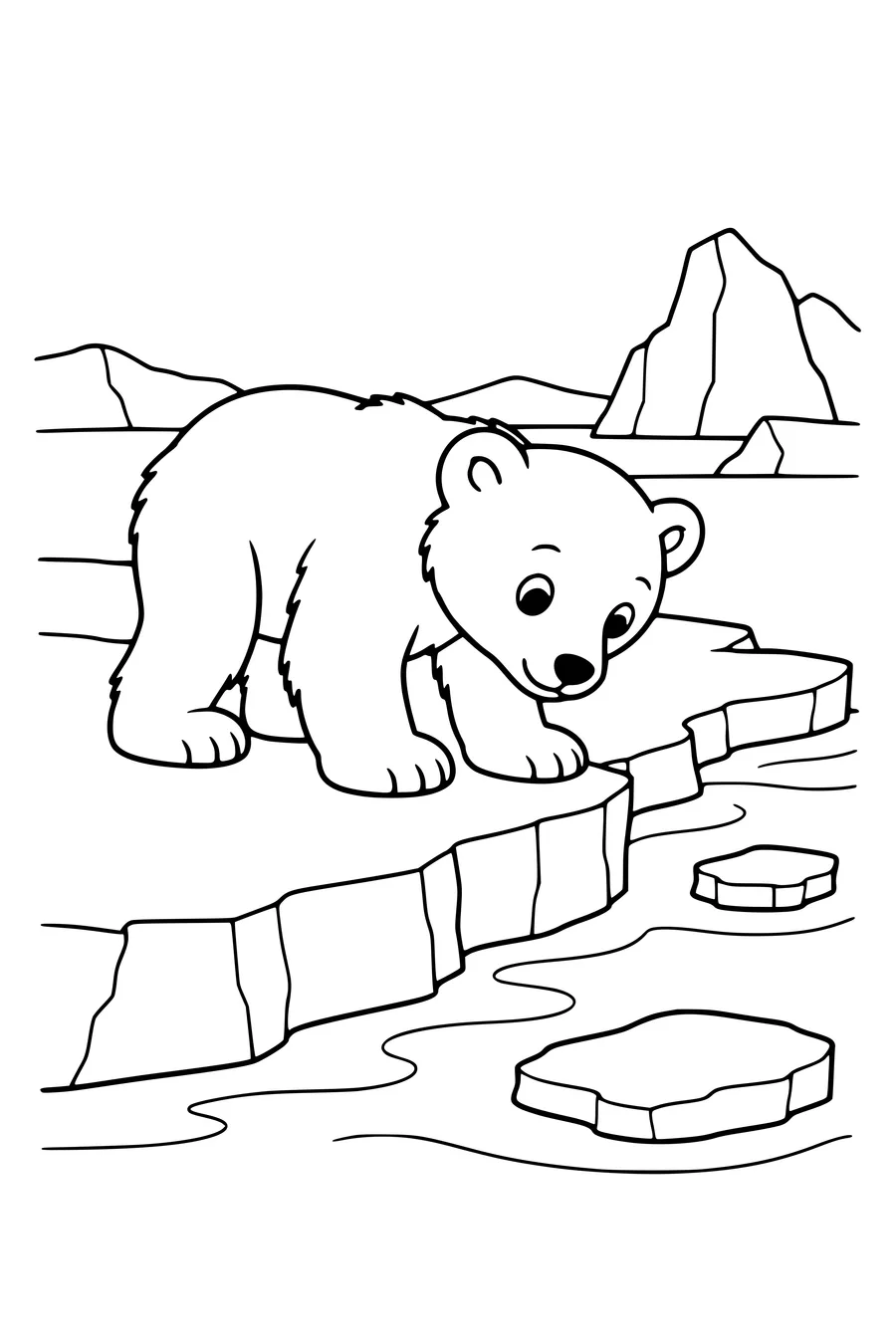 Coloriage : Ourson polaire sur une plaque de glace.