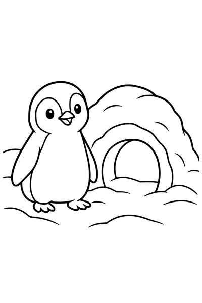 Coloriage : Bébé manchot près d’un abri de neige.